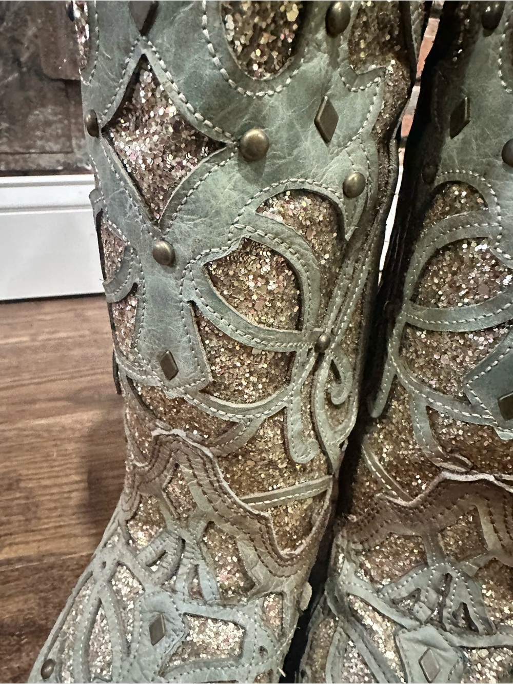 Corral Teal and Gold Glitter Embellished Western Boots - Picture 7 of 11